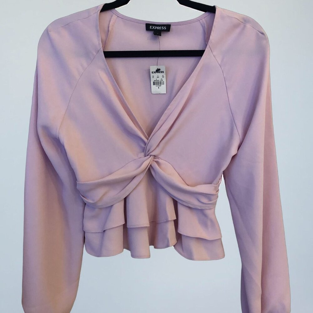 Express Pink Long Sleeve Twist-Front Blouse